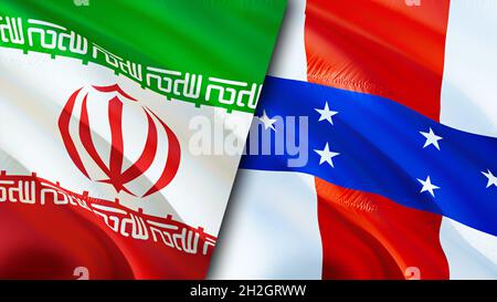 Flagge der iranischen und niederländischen Antillen. 3D-Design mit winkender Flagge. Niederländische Antillen Iran Flagge, Bild, Tapete. Iran vs. Niederländische Antillen Bild, 3D Stockfoto