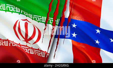 Flaggen der iranischen und niederländischen Antillen mit Narbenkonzept. Winkende Flagge, 3D-Rendering. Konfliktkonzept zwischen den Niederländischen Antillen und dem Iran. Iran Niederlande Anti Stockfoto