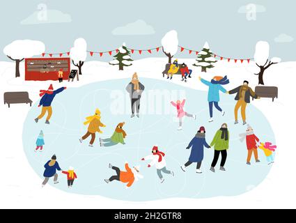 Menschen Schlittschuhlaufen auf der Eisbahn im Freien. Winter Stock Vektor