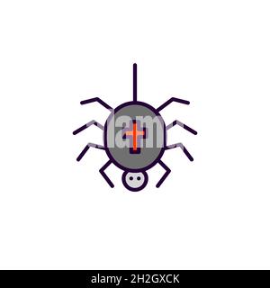 Spinne, die auf einem Netz herunterkommt. Gruselige Halloween-Saison. Pixel perfekte, bearbeitbare Kontur farbige Strichkunst Symbol Stock Vektor