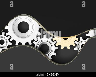 Weiße und goldene Zahnräder isoliert auf schwarzem Hintergrund innerhalb der Öffnung; mechanische Zahnräder Hintergrund; Ideenprozess oder kreatives Denkkonzept; 3d Stockfoto
