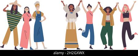 Glückliche Frauen oder Mädchen stehen zusammen und halten sich die Hände. Stock Vektor