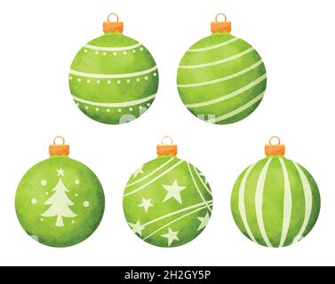 Grüne weihnachtskugeln Aquarell Stil Dekoration isoliert auf weißem Hintergrund. Stock Vektor