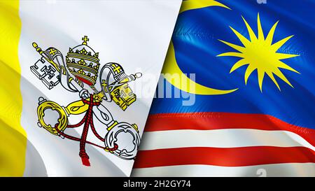 Fahnen des Vatikans und Malaysias. 3D-Design mit winkender Flagge. Malaysia Vatikanische Flagge, Bild, Tapete. Bild Vatikan vs. Malaysia, 3D-Rendering. Vatikan Malaysia Stockfoto