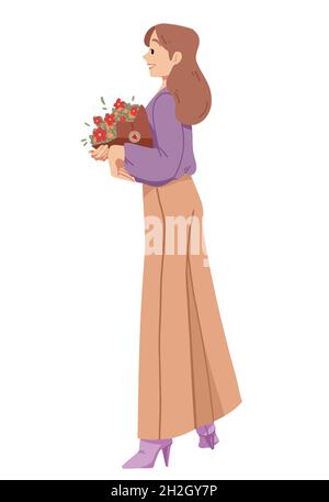 Schöne Frau, die einen Blumenstrauß in den Händen hält. Sommer, Muttertag, glücklicher Frauentag. 8. März Stock Vektor