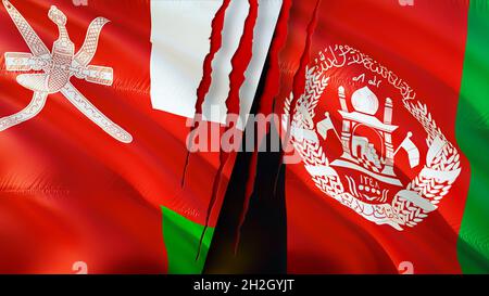 Oman und Afghanistan Flaggen mit Narbenkonzept. Winkende Flagge, 3D-Rendering. Afghanistan und Oman Konfliktkonzept. Oman Afghanistan Beziehungen Konzept. fla Stockfoto