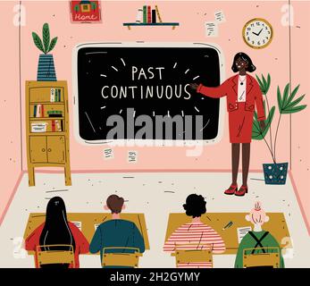 Englischunterricht. Lehrer in der Nähe von Tafel im Klassenzimmer Stock Vektor