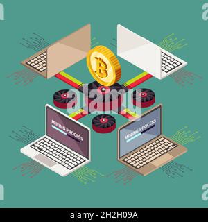 Mining Kryptowährung Blockchain Krypto Geld dekorative Elemente isometrische Vektor Illustration. Stock Vektor