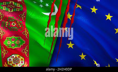 Flagge Turkmenistans und der Europäischen Union mit Narbenkonzept. 3D-Rendering mit schwenkender Flagge. Konfliktkonzept Turkmenistans und der Europäischen Union. Turkmenistan Euro Stockfoto