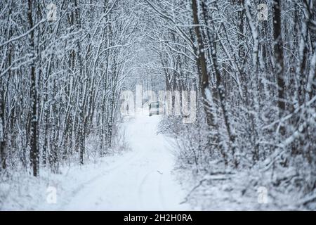 Auto kämpft im Schnee Stockfoto