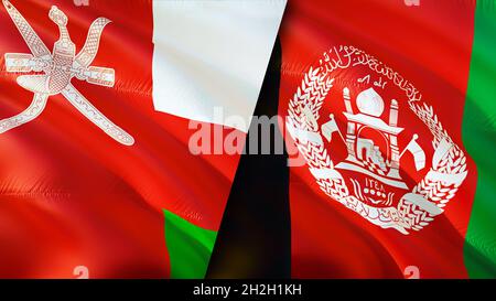 Oman und Afghanistan Flaggen. 3D-Design mit winkender Flagge. Afghanistan Oman Flagge, Bild, Tapete. Bild Oman vs Afghanistan, 3D-Rendering. Oman Afghanistan Stockfoto