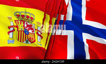 Spanien und Norwegen Flaggen mit Narbenkonzept. Winkende Flagge, 3D-Rendering. Konfliktkonzept zwischen Spanien und Norwegen. Spanien Norwegen Beziehungen Konzept. Flagge von Spanien A Stockfoto