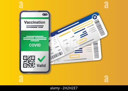 Digital COVID Zertifikat Impffarbe flaches Element auf gelbem Hintergrund. Bordkarten-Dokumente für den Flug. Scannen von QR-Codes auf dem Smartphone. Stock Vektor