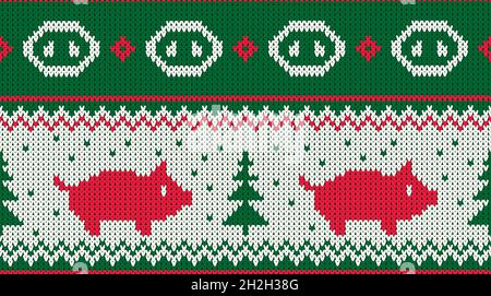 Weihnachtlich nahtloses Strickmuster mit Ferkel und den tannenweihnachtsbäumen. Stock Vektor