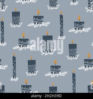 Weihnachtliches und glückliches neues Jahr nahtloses Muster mit Weihnachtskerze, Tannenzweigen und Beeren. Vektordesign-Vorlage. Digitalpapier. Stock Vektor