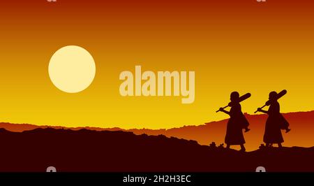 Mönch zu Fuß aus Tempel Wallfahrt, Verdienst für den Frieden still und Dharma in Sonnenuntergang Szene Silhouette Stil, Vektor-Illustration zu machen Stock Vektor