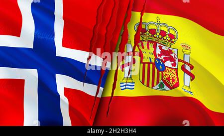 Norwegen und Spanien Flaggen mit Narbenkonzept. Winkende Flagge, 3D-Rendering. Konfliktkonzept Norwegen und Spanien. Norwegen Spanien Beziehungen Konzept. Flagge von Norwegen Stockfoto