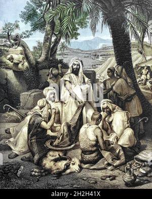 Maschinell coloriertes Bild von Joseph, das von seinen Brüdern aus der „Doré-Familienbibel“ verkauft wurde, das das Alte und das Neue Testament, die Apokryphen, verziert mit feinen ganzseitige Gravuren, Illustrationen und der Dore Bible Gallery enthält. Veröffentlicht in Philadelphia von William T. Amies im Jahr 1883 Stockfoto