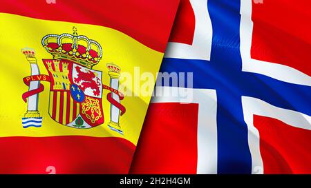 Flagge Spaniens und Norwegens. 3D-Design mit winkender Flagge. Spanien Norwegen Flagge, Bild, Tapete. Bild Spanien vs. Norwegen, 3D-Rendering. Spanien Norwegen Beziehungen allia Stockfoto