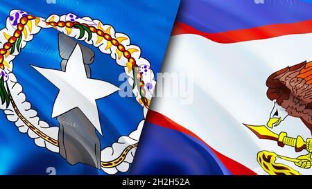 Marianen und amerikanische Samoa-Flaggen. 3D-Design mit winkender Flagge. Amerikanisch-Samoa Nördliche Marianen Flagge, Bild, Tapete. Nördliche Marianen Stockfoto