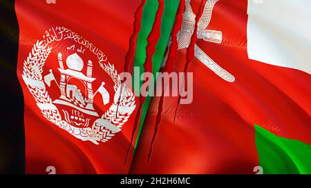 Afghanistan und Oman Flaggen mit Narbenkonzept. Winkende Flagge, 3D-Rendering. Konfliktkonzept Oman und Afghanistan. Afghanistan Oman Beziehungen Konzept. fla Stockfoto