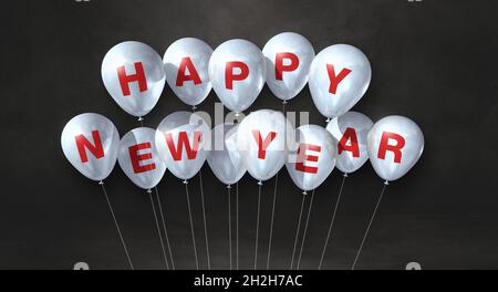Weiße glückliche neue Jahr Ballons Haufen auf einem schwarzen Beton Hintergrund. Horizontales Banner. Rendering von 3D-Illustrationen Stockfoto