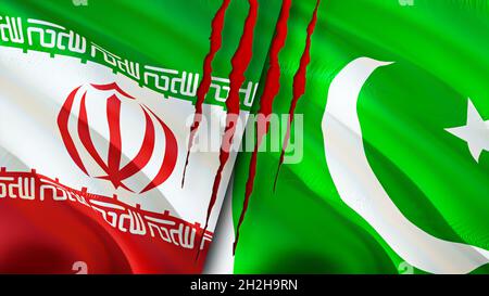 Iran und Pakistan Flaggen mit Narbenkonzept. Winkende Flagge, 3D-Rendering. Konfliktkonzept zwischen Pakistan und Iran. Iran Pakistan Beziehungen Konzept. Flagge des Iran Stockfoto