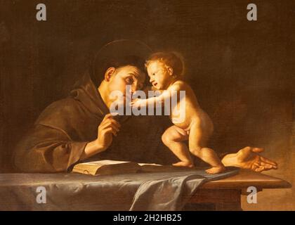 ROM, ITALIEN - 30. AUGUST 2021: Gemälde des heiligen Antonius von Padua in der Kirche Basilica dei Sancti Cosma e Damiano von Giovanni Antonio Galli. Stockfoto