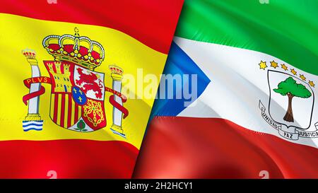 Flagge Spaniens und Äquatorialguineas. 3D-Design mit winkender Flagge. Spanien Äquatorialguinea Flagge, Bild, Tapete. Bild Spanien vs. Äquatorialguinea, 3D-Rendering Stockfoto