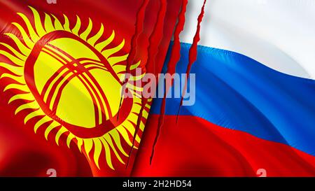 Kirgisistan und Russland Flaggen mit Narbenkonzept. Winkende Flagge, 3D-Rendering. Konfliktkonzept Kirgisistan und Russland. Konzept der Beziehungen zwischen Kirgisistan und Russland. Stockfoto