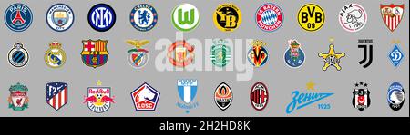 Vinnytsia, Ukraine - 20. Oktober 2021: Set der Champions League Football Clubs 2021. Editorial-Logos von Vector Stock Vektor