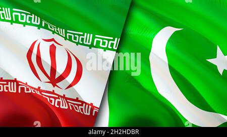 Flagge des Iran und Pakistans. 3D-Design mit winkender Flagge. Pakistan Iran Flagge, Bild, Tapete. Bild Iran vs Pakistan, 3D-Rendering. Iran Pakistan Beziehungen A Stockfoto