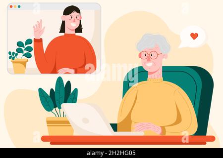 Glückliche Oma mit Laptop, die über den Video-Chat mit ihrer Tochter spricht, weibliche Charaktere in flachem Stil, Video-Chat-Konzept. Stock Vektor