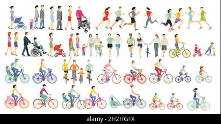 Große Gruppe von Menschen von Athleten, Familien, Radfahrer und Fußgänger, Illustration, isoliert auf weißem Hintergrund Stock Vektor