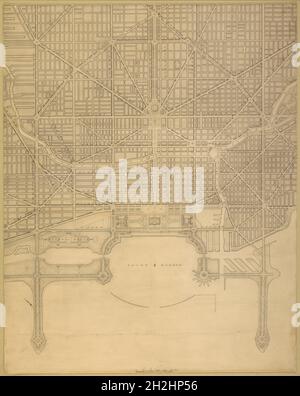 Platte 110 aus dem Plan von Chicago, 1909: Chicago. Plan des gesamten Systems der Straßenumwälzung; Bahnhöfe; Parks, Boulevard-Kreisläufe und Radialarterien; öffentliche Erholungspiers, Jachthafen und Vergnügungsbootpiers; Behandlung des Grant Park; Die Hauptachse und das Bürgerzentrum, das die Stadt als einen vollständigen Organismus darstellt, in dem alle ihre Funktionen so miteinander in Beziehung stehen, dass sie zu einer Einheit wird, 1909. Stockfoto