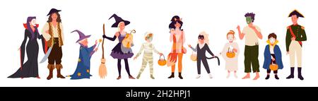 Halloween Party Charaktere, Erwachsene und Kinder in Monster Kostüme Set Vektor Illustration. Cartoon Zombie Piraten Zauberer Hexe Mama Fuchs Katze Geist Vampir Kapitän stehend zusammen isoliert auf weiß Stock Vektor