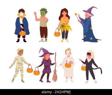 Cartoon niedliche Mädchen Jungen in lustigen Monster Kostüme halten behandeln Kürbis in den Händen auf Halloween Spaß Urlaub isoliert auf weiß. Halloween Party Kind Zeichen gesetzt, glücklich Kinder Vektor Illustration Stock Vektor