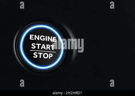 Start Stop Car Engine-Taste auf einem modernen Auto Armaturenbrett Innenraum extreme Nahaufnahme. 3d-Rendering Stockfoto