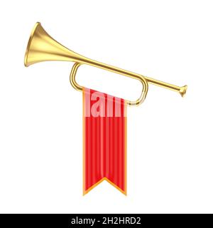 Goldene Fanfare-Trompete mit roter Flagge auf weißem Hintergrund. 3d-Rendering Stockfoto