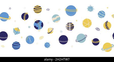 Nahtloser Vektorrahmen Planets Außenraum. Galaxy wiederholender Hintergrund. Niedliche kindliche Planeten Illustration Banner. Science Kids Design für Fußzeile Stock Vektor