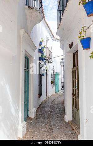 Schmale Straße der weißen Dörfer von Andalusien, mit Blumentöpfen, die an den Wänden hängen, Spanien Stockfoto
