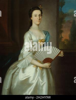 Abigail Chesebrough (Mrs Alexander Grant), 1754. Der Sitter war die 20-jährige Tochter von David Chesebrough, einem Kaufmann und Sklavenhalter von Newport, Rhode Island. Sein Vermögen machte er durch den dreieckigen Handel von Menschen, Melasse und Rum zwischen Westafrika, der Karibik und Neuengland. Sein Reichtum zeigt sich in Abigails Kleid aus importierter Seide, verziert mit Bändern und Spitze. Stockfoto