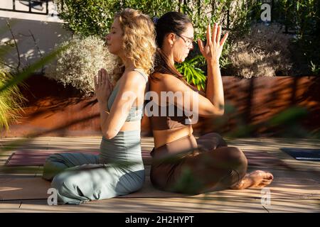 Zwei junge Frauen in Yoga Kategorie, die Übungen Stockfoto