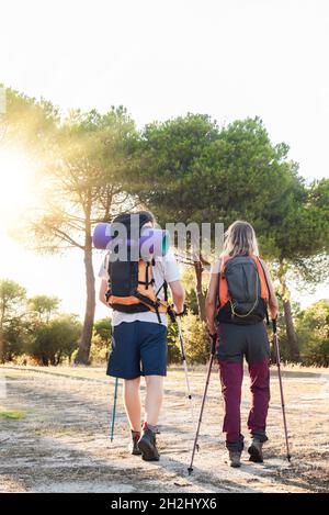 Ein Wanderer mit Wanderstöcken und Rucksäcken, der von hinten durch die Landschaft geht Stockfoto