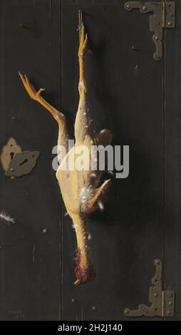 Zum Sonntagsessen, 1888. Ein gerupftes Huhn, einige streunende Federn übrig, hängt kopfüber an einem Fuß, beleuchtet. Hinter ihm sind die metallischen Scharniere und die hölzernen Paneele der Tür sichtbar. Stockfoto