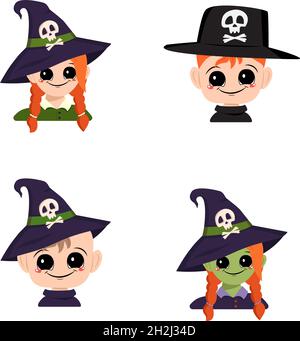 Set aus Mädchen, Jungen und Baby mit weißer und grüner Haut, roten Haaren, großen Augen und breitem glücklichen Lächeln in spitz zulaufenden Hexenhut mit Totenkopf. Kopf des Kindes mit freudigem Gesicht. Halloween Party Dekoration Stock Vektor