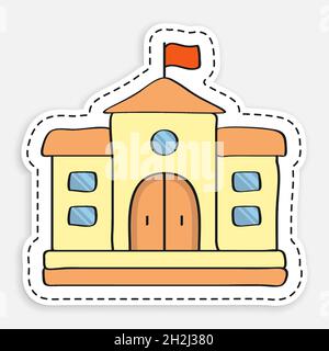 Cartoon-Symbol des Doodle Schulhaus Aufkleber in gepunkteten Schlaganfall. Außenansicht des Universitätsgebäudes. Vektor auf weißem Hintergrund isoliert Stock Vektor