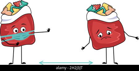 Niedliche rote Tasche Charakter mit Neujahrsgeschenke mit traurigen Emotionen, Gesicht und Maske halten Abstand, Hände mit Stop-Geste. Dekoration für den Urlaub. Frohe Weihnachten Artikel, süße Lebensmittel, Box mit Augen Stock Vektor
