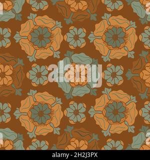 Mittelalterliche Rose Vektor Muster nahtlose Hintergrund. Hintergrund im Kachelstil von Azulejo mit handgezeichneten Blumenmotiven. Erde Salbei grün und ocker. Geometrisch Stock Vektor