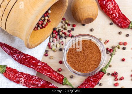 Draufsicht auf getrockneten Pfefferkornmix im Mörser mit Stößel, trockenem Chilipulver und Salz zum Kochen auf hellem Holz Schneidebrett Hintergrund in t Stockfoto